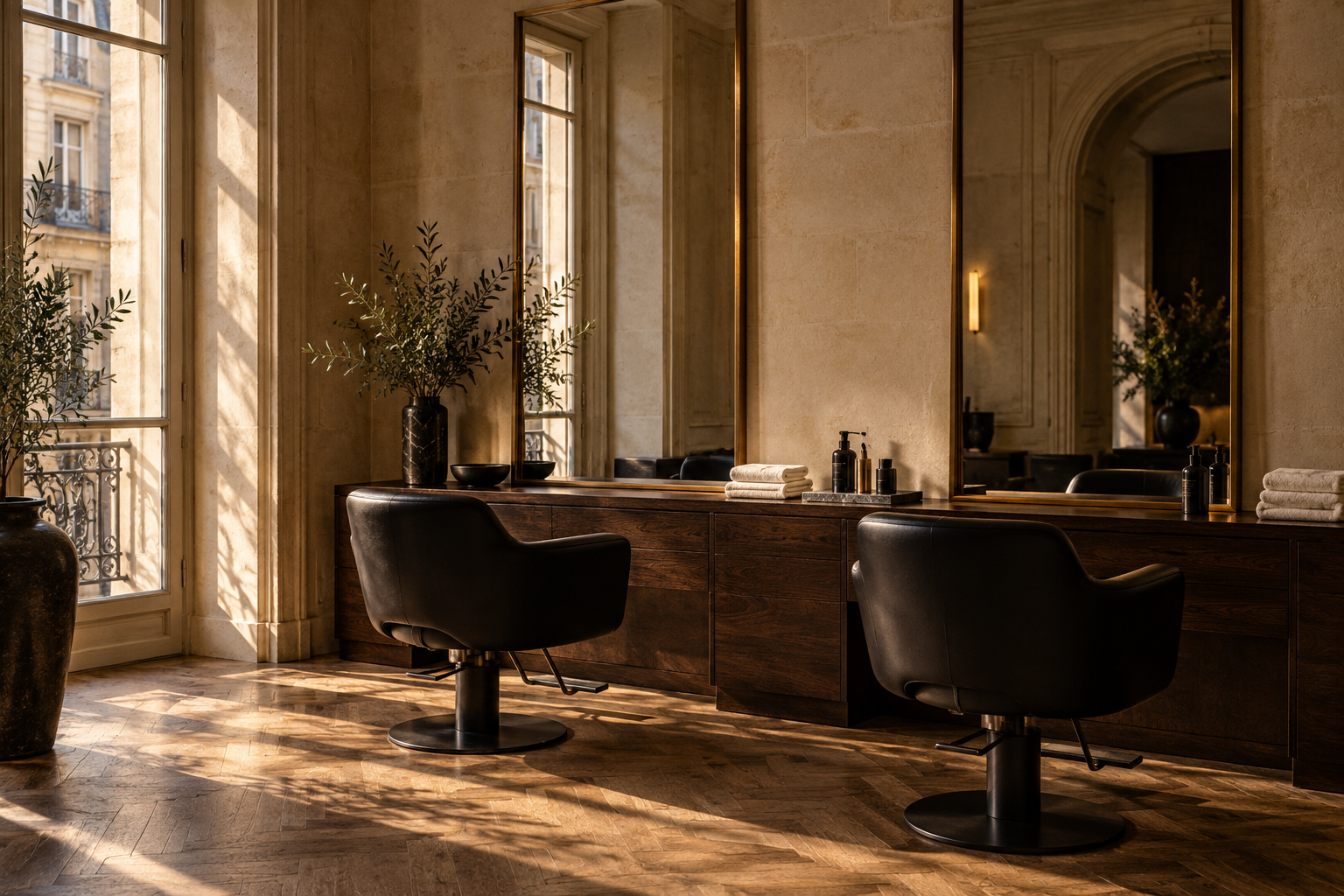 Ambiance imaginée du salon : fauteuils noirs, bois sombre et lumière naturelle