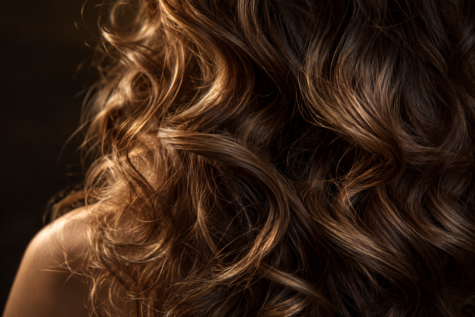 Boucles châtain et texture naturelle dans une lumière chaude
